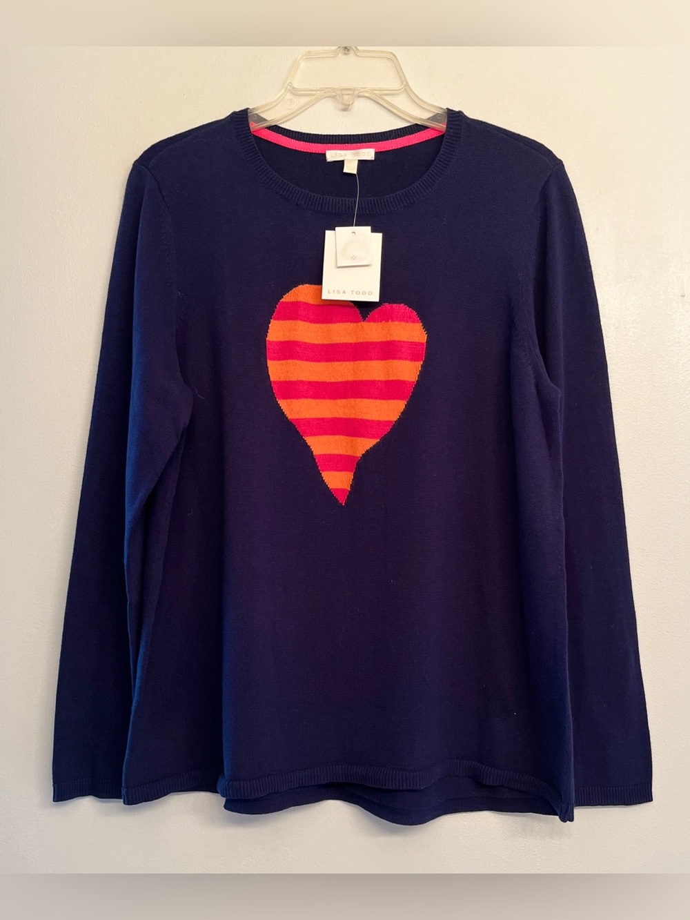 NWT Lisa Todd Navy Knit Crewneck Sweater w/ Striped Pink & Orange
Heart size L